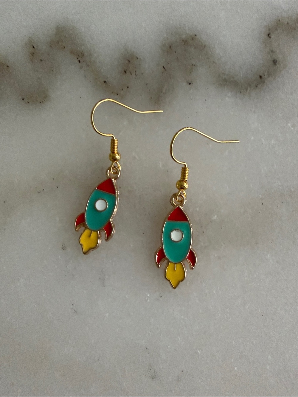 Gold Tone Rocket Drop Earrings Handpainted Enamel Novelty Jewelry